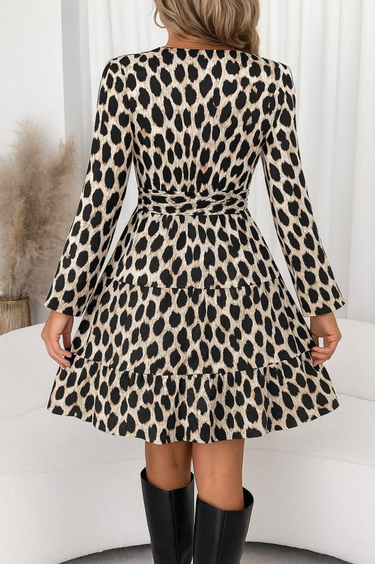 Kadın Uzun Kollu Kruvaze Yaka Desenli Mini Modal Elbise