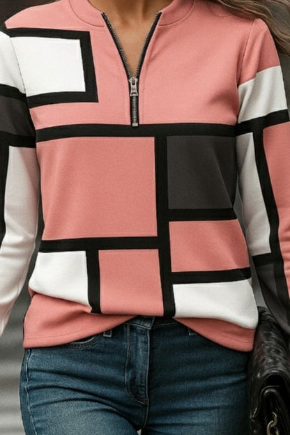 Kadın Uzun Kollu Yakadan Fermuarlı Desenli şardonlu Dalgıç Bluz