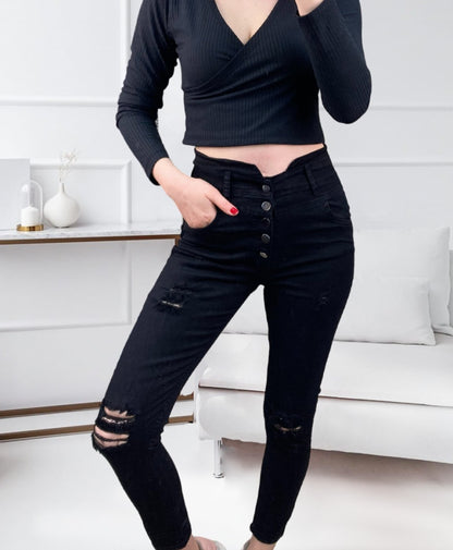 Kadın 5 Düğmeli V Detay Bel Yırtık Kot