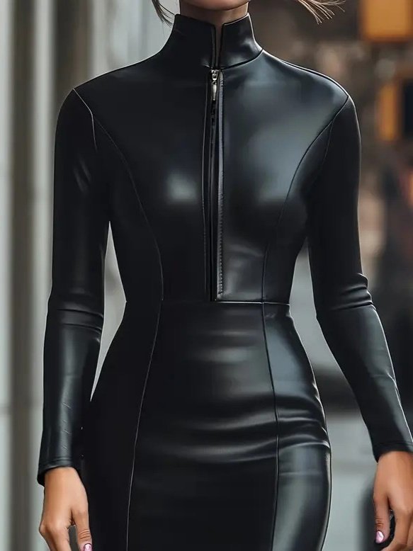 Kadın Uzun Kollu Yakalı Fermuarlı Mini Deri Elbise