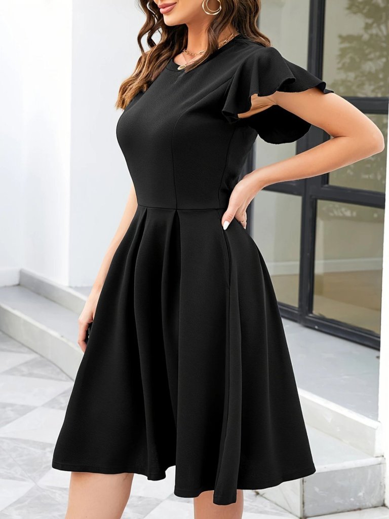 Kadın Kelebek Kollu Bisiklet Yakalı Pileli Ithal Krep Elbise