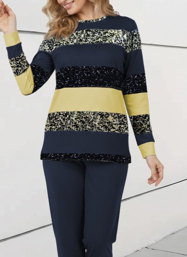 Kadın Uzun Kollu Bisiklet Yaka çizgili Desen Iki Iplik Bluz Ve Pantolon Ikili Takım