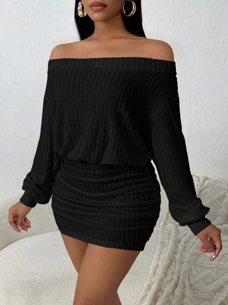 Kadın Uzun Kollu Madonna Yaka Yanlardan Büzgülü şardonlu Kaşkorse Mini Elbise