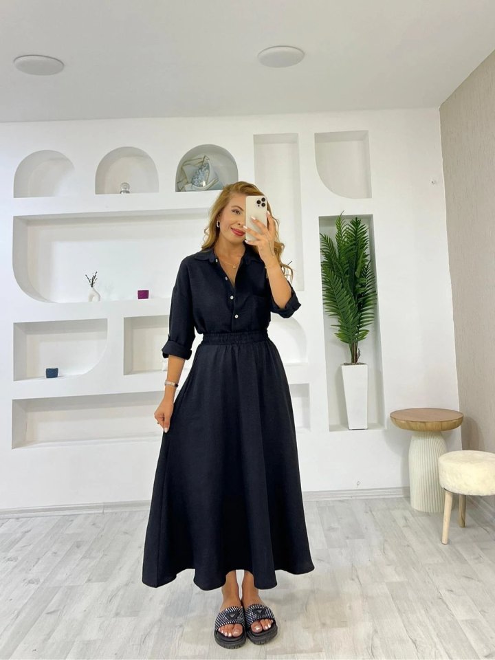 Kadın Keten Kumaş Gömlek Ve Etek Ikili Takim