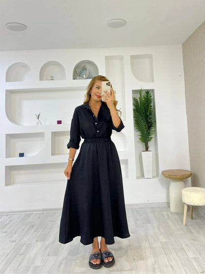 Kadın Keten Kumaş Gömlek Ve Etek Ikili Takim