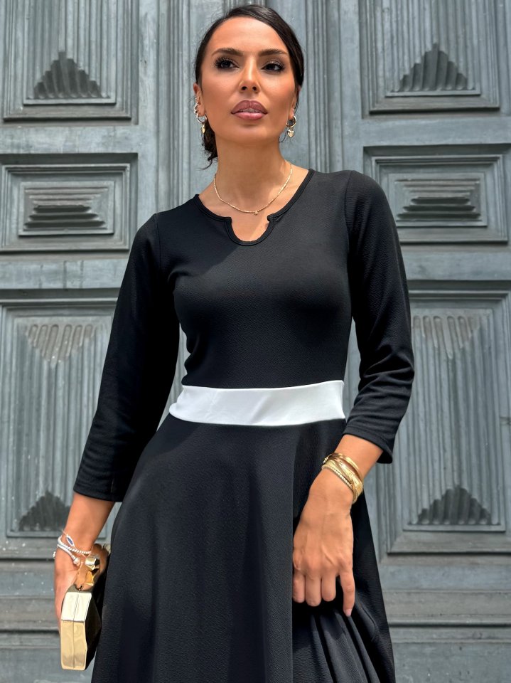 Kadın Truvakarkol Yakası Açık Blok Renkli Krep Midi Elbise