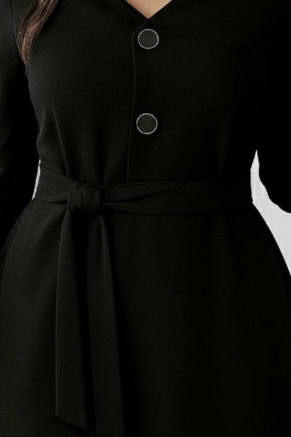 Kadın Uzun Kollu Düğme Detaylı Kendinden Kemerli Ithal Krep Elbise