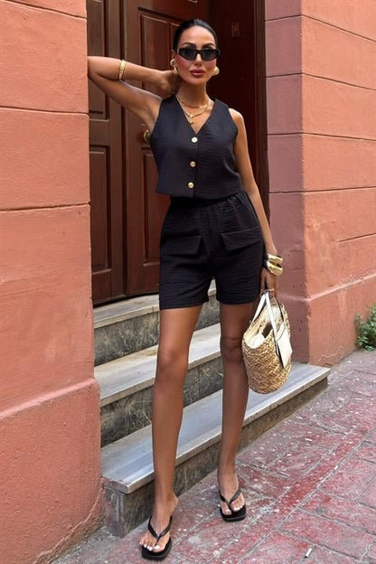 Mini Yelekli Şortlu Keten Takım 10176-08