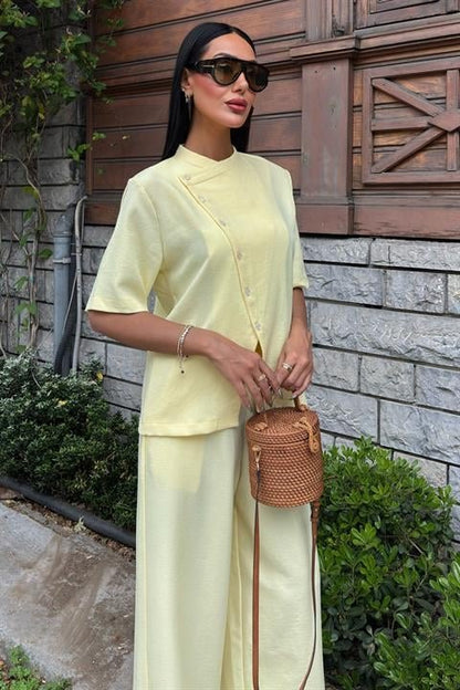 Hakim Yaka Çapraz Düğmeli Plazzo Pantolon Viscon Keten Takım 10209