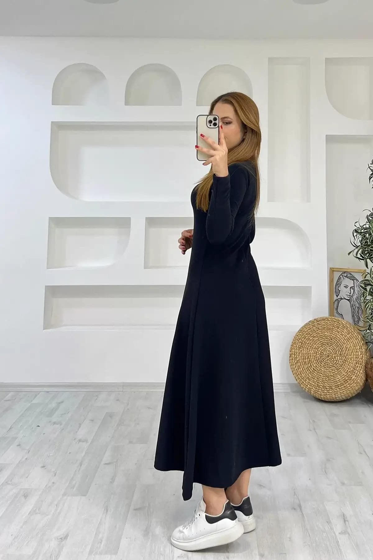 Kadın Uzun Kollu Bisiklet Yaka Size Kadar Yırtmaç Detay Maxi Boy Elbise