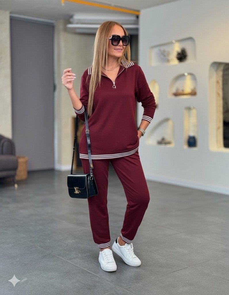 Kadın Uzun Kollu Fermuarlı şerit Detay Desenli Alt üst Ikili Viskon Iki Iplik Takım