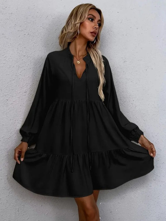 Kadın Uzun Kollu Yakadan Bağcıklı Fırfırlı Keten Mini Elbise