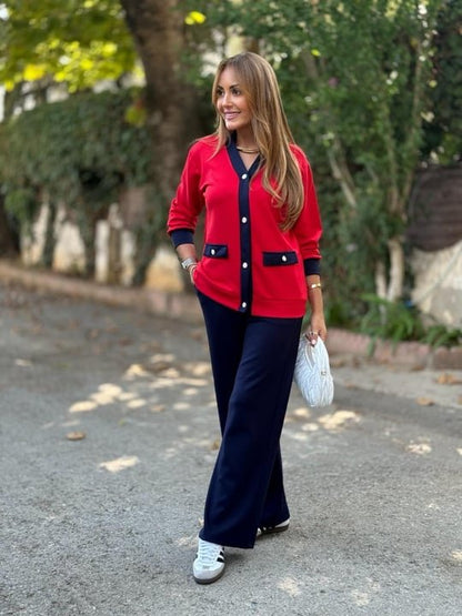 Kadın Uzun Kollu Ribanali Cep Detay Hırka Ve Bol Paça Pantolon Ikili Takım