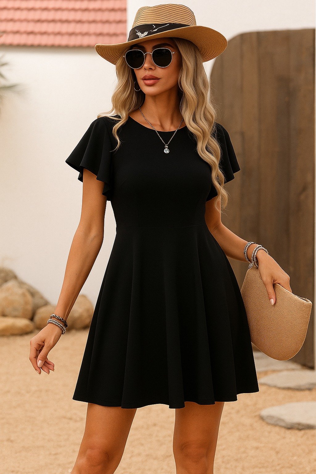 Kadın Kısa Kelebek Kollu Bisiklet Yaka Janjan Krep Elbise