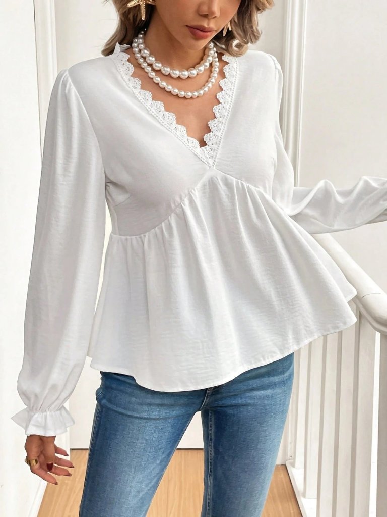 Kadın Uzun Kollu V Dantel Yaka Aerobin Bluz
