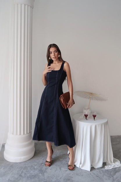 Lacivert Çift Dikişli Gabardin Elbise