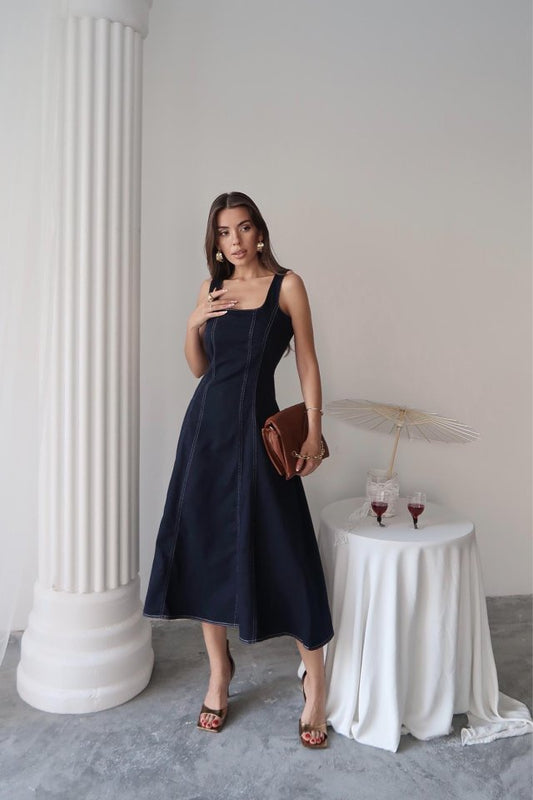 Lacivert Çift Dikişli Gabardin Elbise