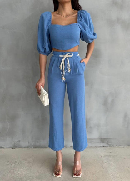 KETEN CROP KARPUZ KOL BLUZ-PANTOLON HASIR KEMERLİ - Mavi