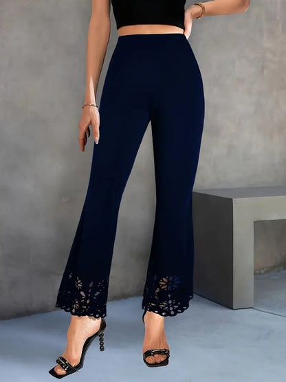 Kadın Yüksek Bel Paçaya Doğru Genişleyen Lazer çiçek Kesim Detaylı Ithal Krep Pantolon