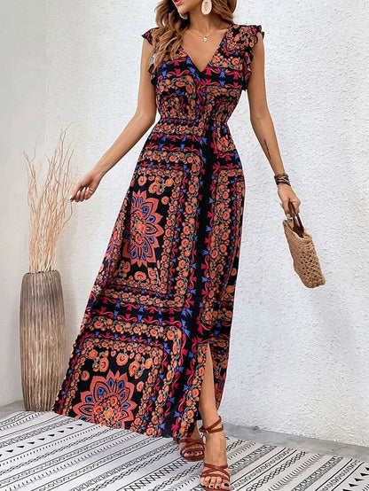 Kadın Kısa Kollu V Yakalı Deseni Yırtmaçlı Süprem Elbise