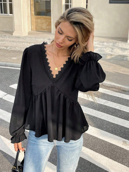 Kadın Uzun Kollu V Dantel Yaka Aerobin Bluz