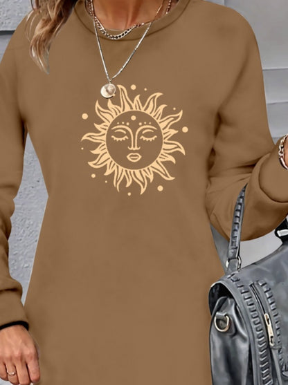 Kadın Uzun Kollu Bisiklet Yaka Güneş Desenli Viskon Iki Iplik Elbise