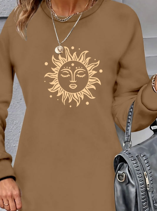 Kadın Uzun Kollu Bisiklet Yaka Güneş Desenli Viskon Iki Iplik Elbise