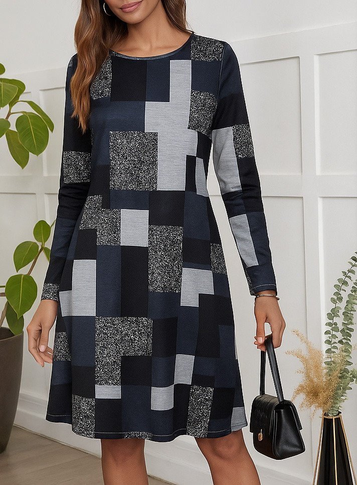 Kadın Uzun Kollu Yuvarlak Yaka Geometrik Süprem Elbise
