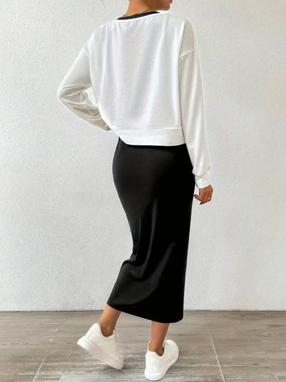 Kadın Askılı Yuvarlak Yaka Viskon Iki Iplik Elbise Ve V Yakalı Bluz Ikili Takım