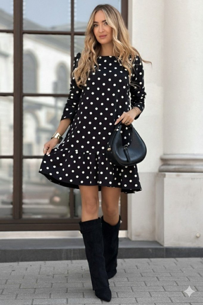 Kadın Uzun Kollu Bisiklet Yaka Fırfırlı Puantiyeli Kısa Modal Elbise