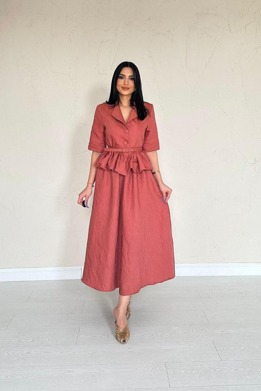 Moccah İnce Kemerli Fırfırlı Ceket Ve Büzgülü Etek Takım