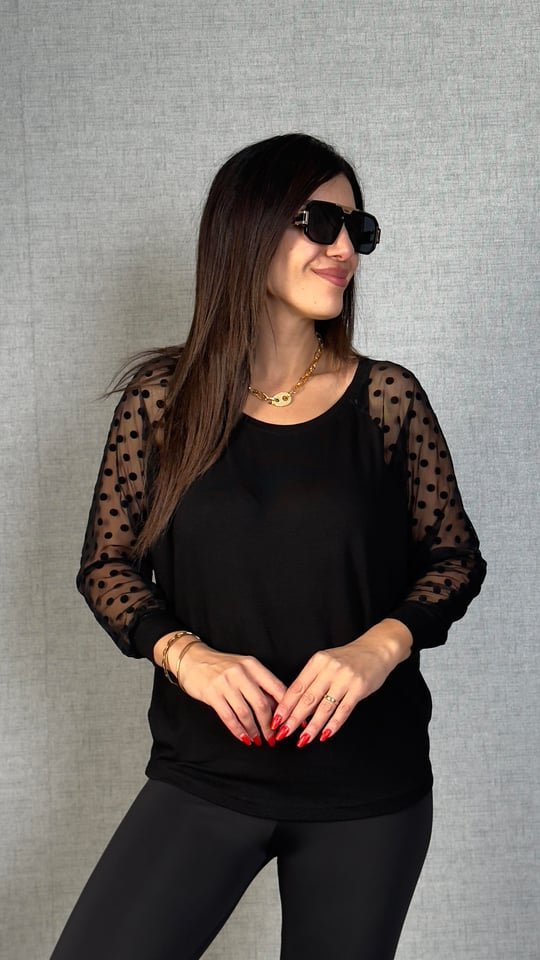 Kadın Yarasa Kol Puantiyeli Tül Detay Bluz