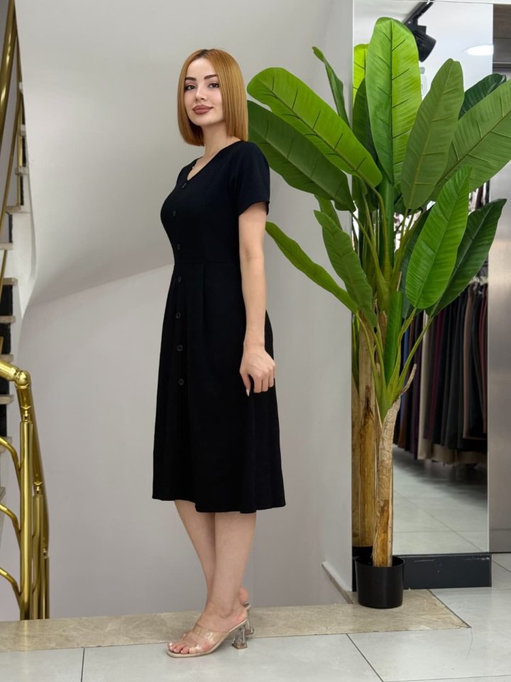 Kadın Kısa Kollu V Yakalı önden Düğmeli A Kesim Dokuma Elbise