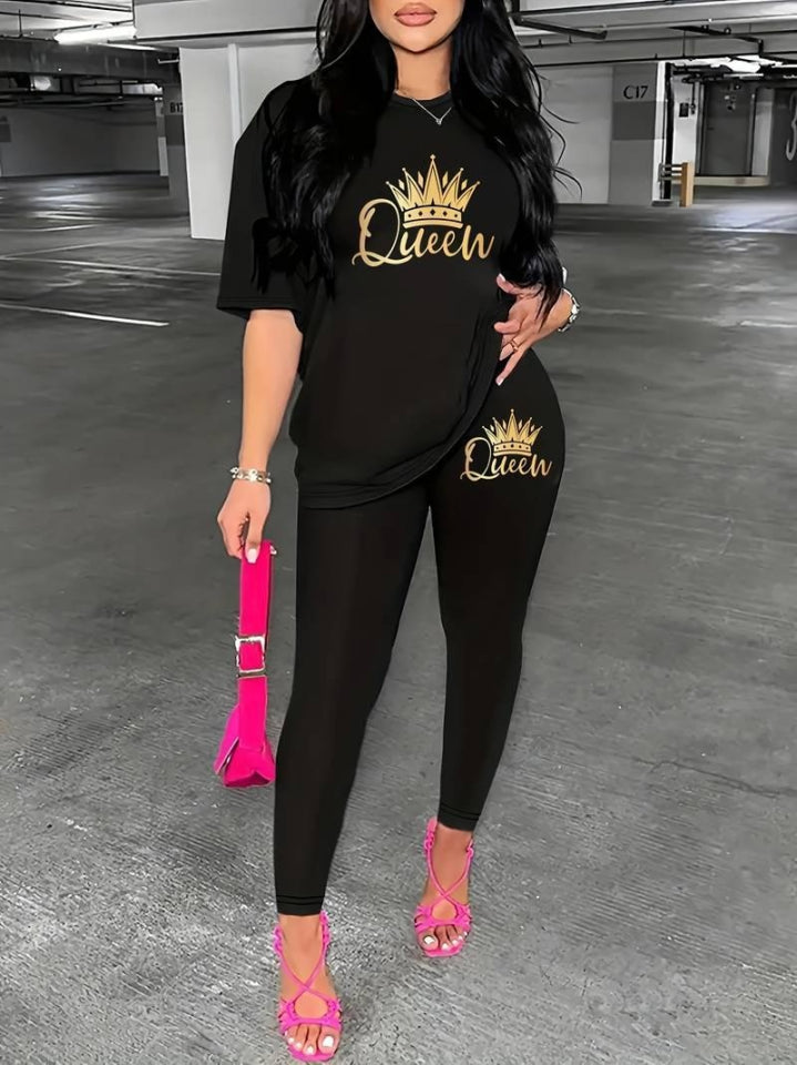 Kadın Kısa Kollu Queen Baskı Viskon Ikili Takım