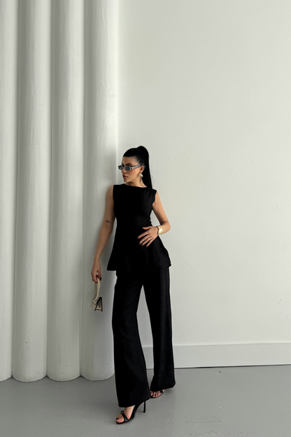 JAKAR KETEN KOLSUZ BLUZ-PANTOLON TK - Siyah