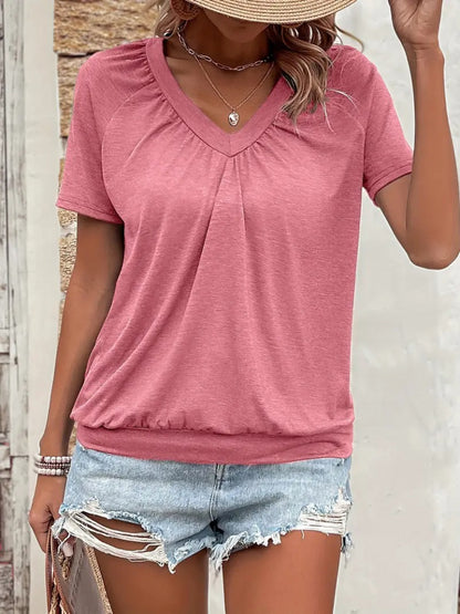 Kadın Kısa Kollu V Yakalı Büzgü Detaylı Viskon Bluz