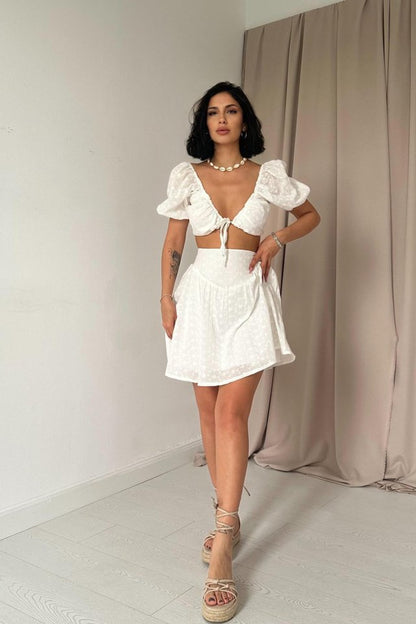 Ekru Brode Crop Ve Mini Etek Takım