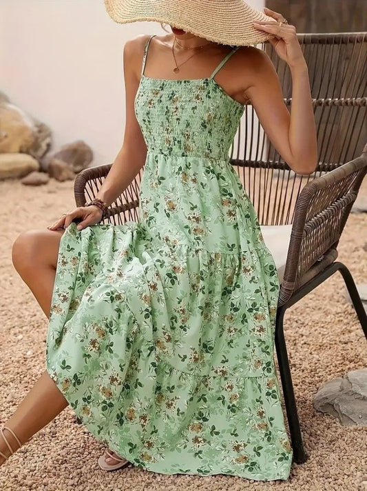 Kadın Ip Askılı Geniş V Yakalı Desenli Uzun Süprem Elbise