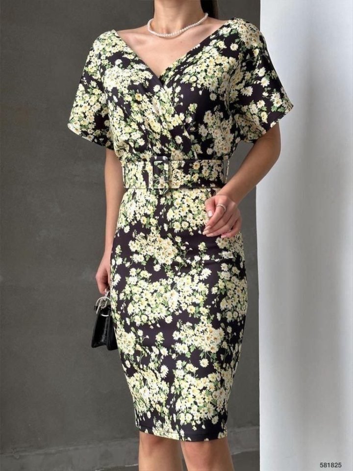 Kadın Dalgıç Kumaş V Yaka çiçek Desenli Kuşaklı Kalem Elbise