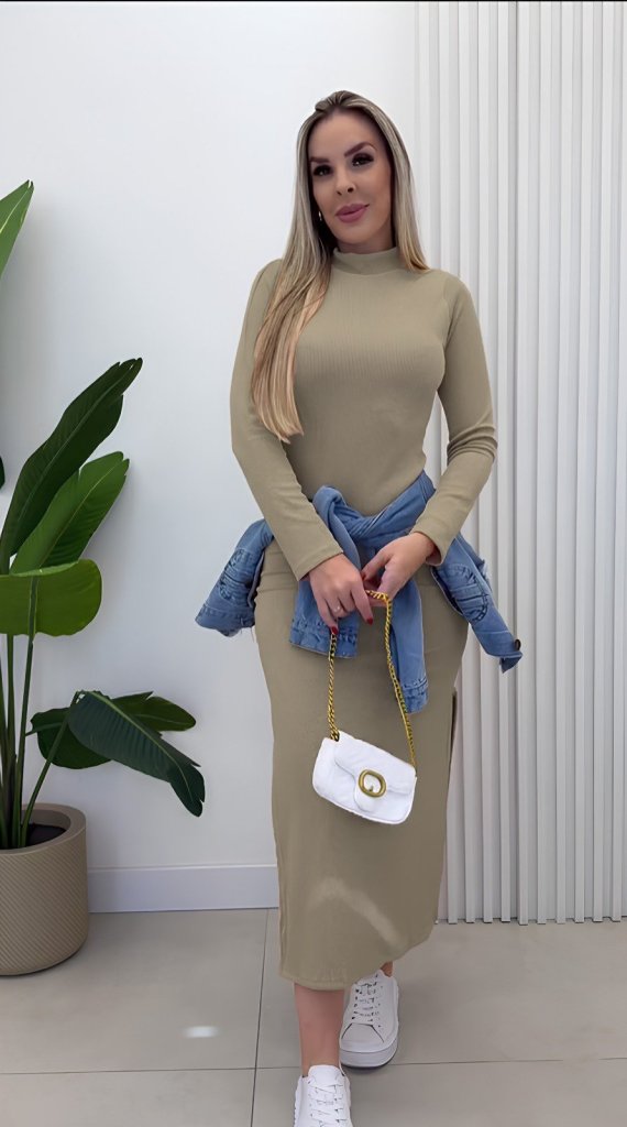 Kadın Uzun Kollu Balıkçı Yakalı Yanlardan Yırtmaçlı Kaşkorse Maxi Elbise