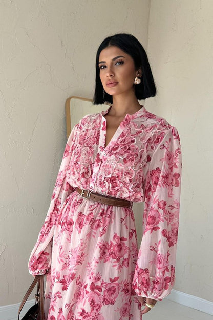 Pembe Biye Detaylı Elbise