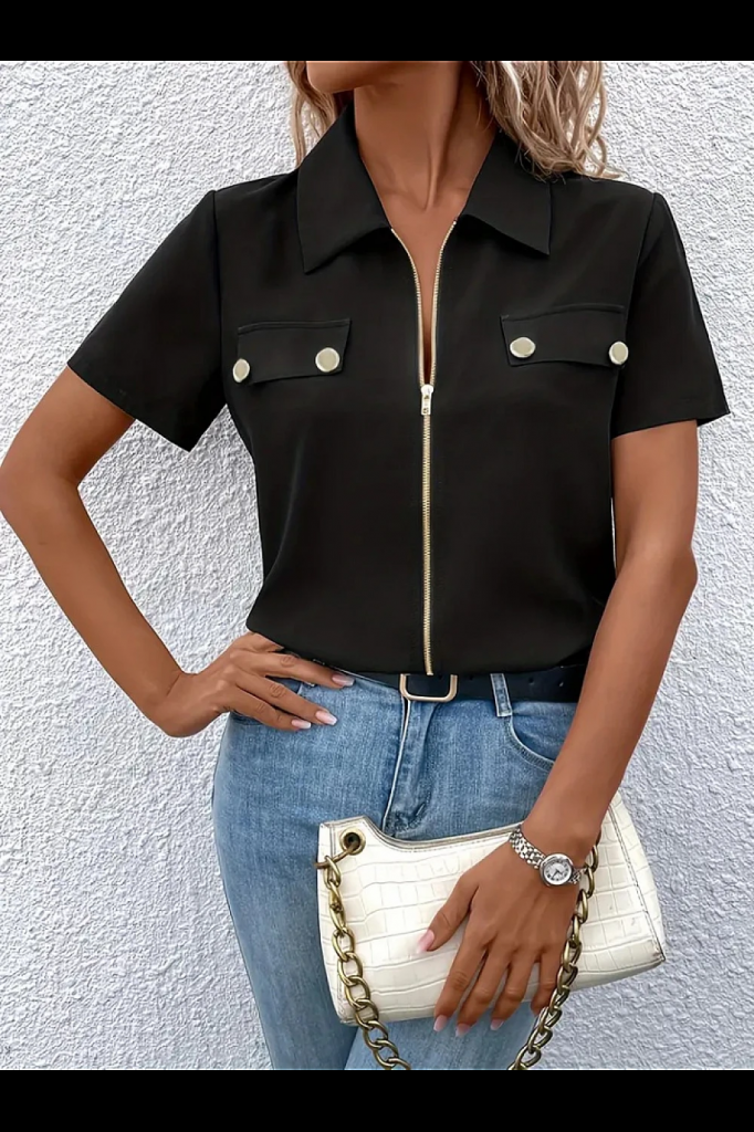 Kadın Kısa Kollu Ceket Yaka önü Fermuarlı Cep Detay Kısa Kol Ithal Krep Bluz