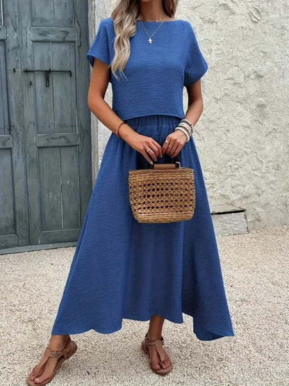 Kadın Kısa Kollu Bisiklet Yaka Bluz Etekli Ithal Keten Ikili Takım