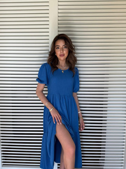 Kadın Kısa Kollu Yakası Açık Katlı Bürümcük Balon Elbise