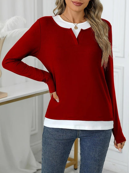 Kadın Uzun Kollu V Yakalı çift Renkli Viskon Iki Iplik Bluz