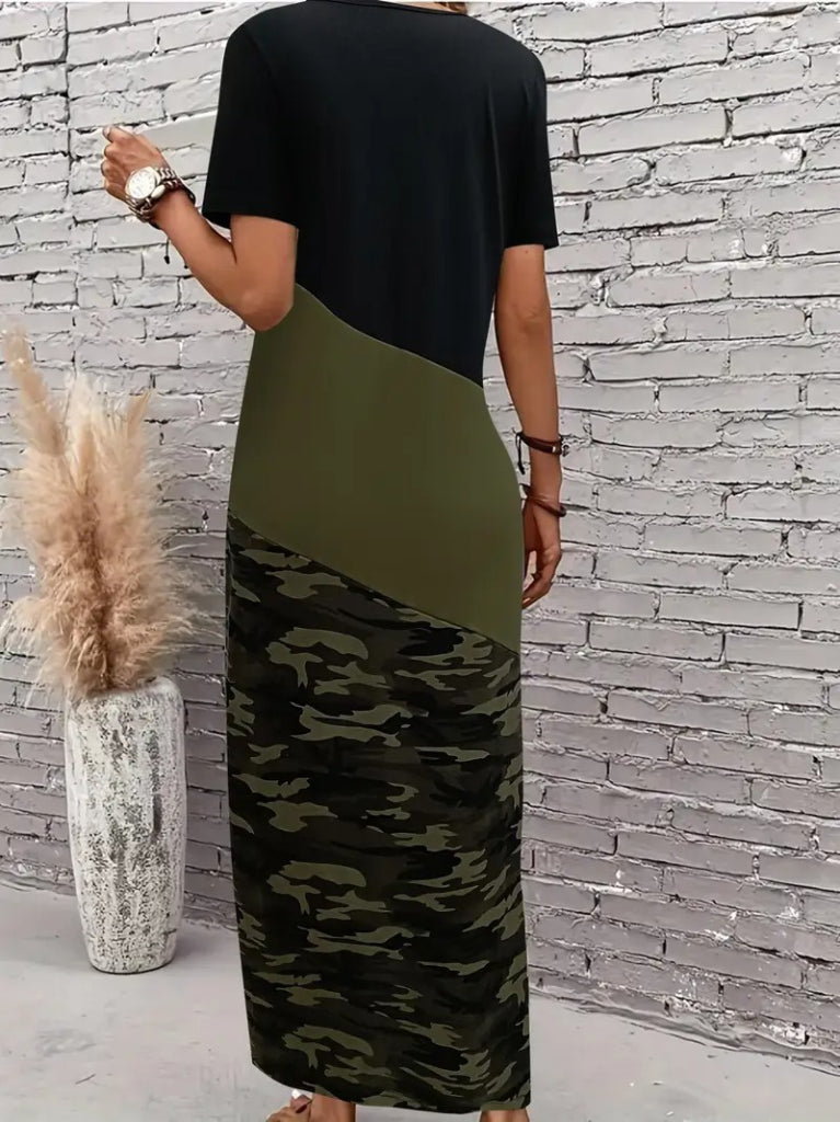 Kadın Kısa Kollu Bisiklet Yaka çok Renkli Maksi Viskon Elbise