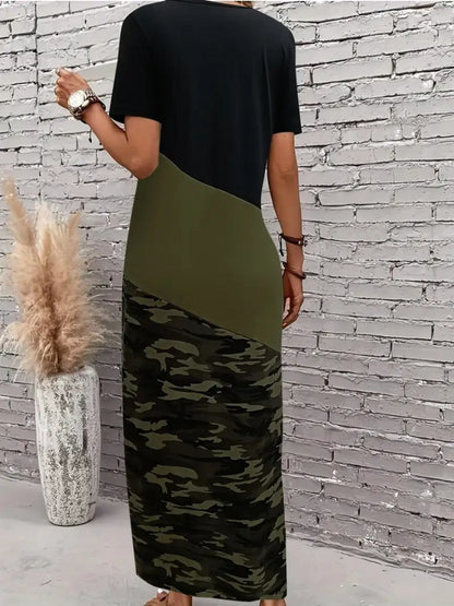 Kadın Kısa Kollu Bisiklet Yaka çok Renkli Maksi Viskon Elbise