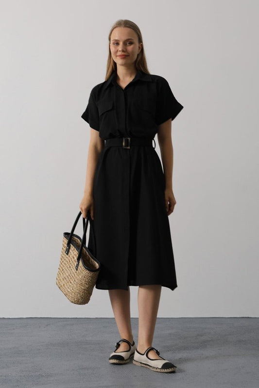 Kuşaklı Cep Detaylı Yarım Kol Elbise - Siyah