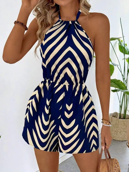 Kadın Boyundan Askılı Halter Yakalı Desenli Süprem Tulum