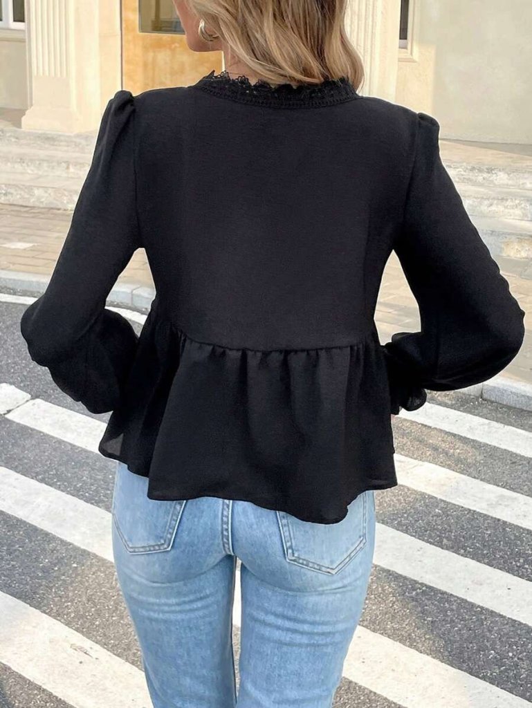 Kadın Uzun Kollu V Dantel Yaka Aerobin Bluz